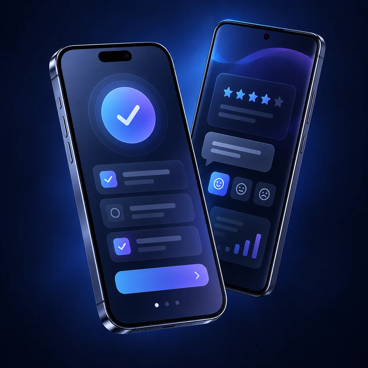 An iPhone-style and Android-style phone displaying app feedback screens